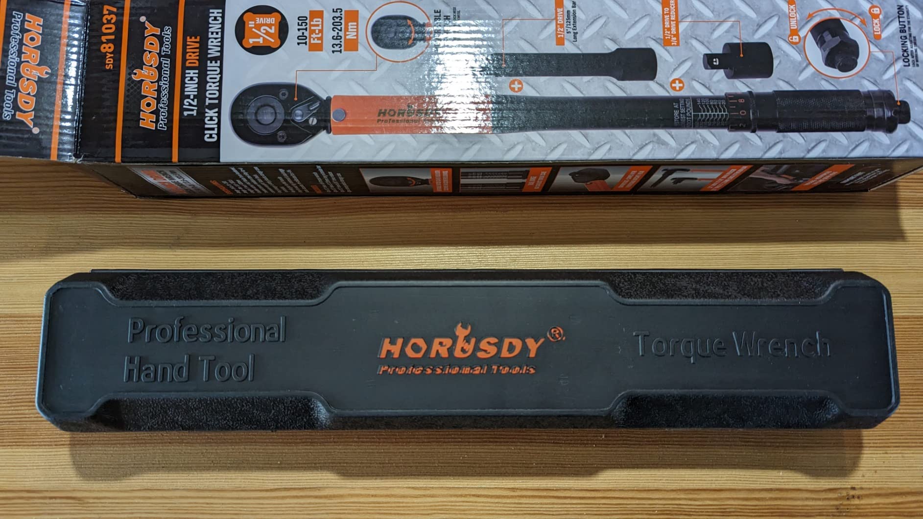 HORUSDY 1/2-Inch Drive Click Torque Wrench Set – 10–170 ft-lb / 13.6–230.5 Nm, ±3% Precision, Dual Scale, 72-Tooth Reversible Head with 5