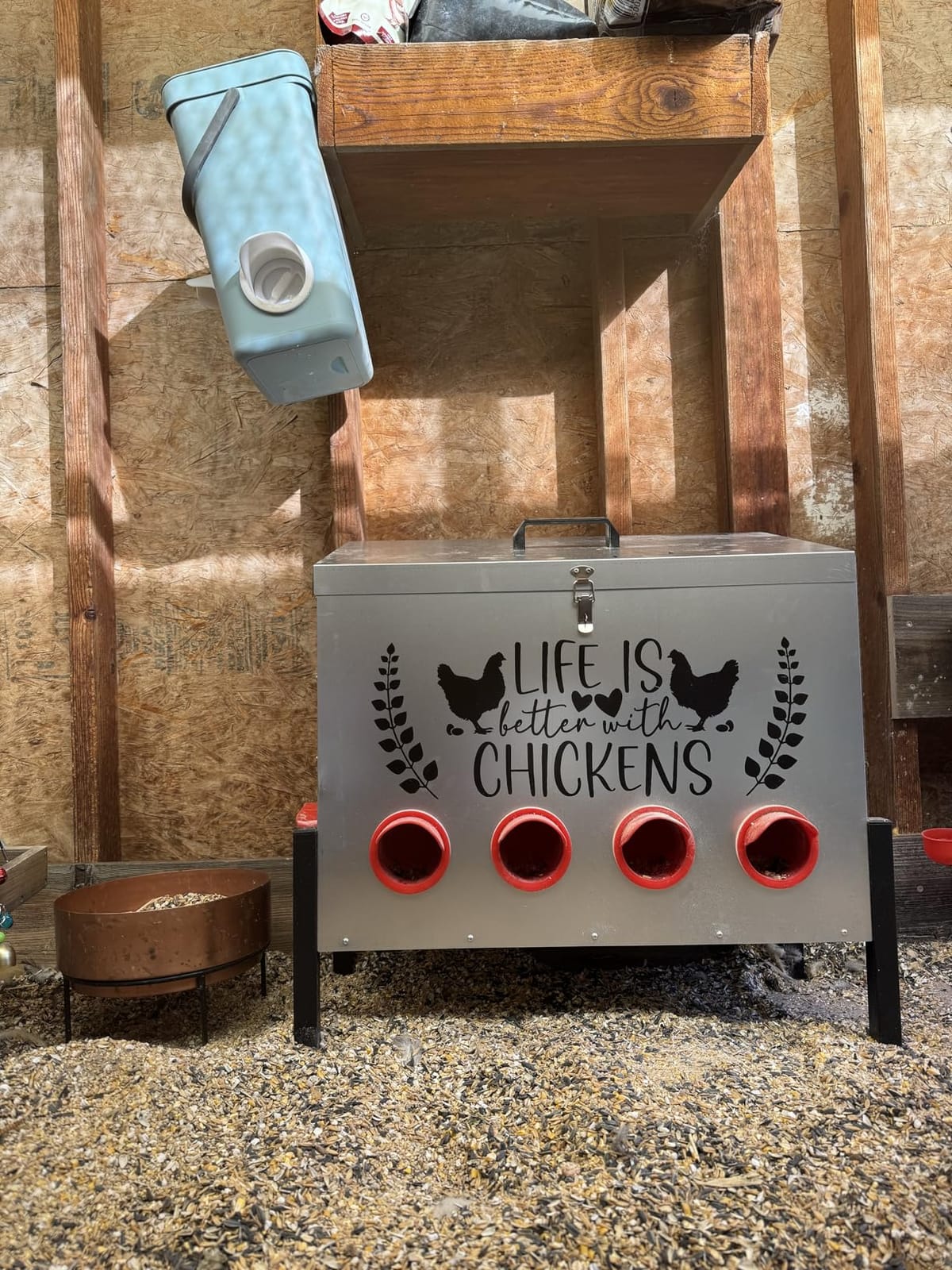 95 lb Chicken Feeder with 10 No-Waste Ports – Extra-Large Galvanized Metal Poultry Feeder with Adjustable Height Heavy-Duty Stand – Outdoor Feed Box for Chickens, Ducks & Geese customer photo 1